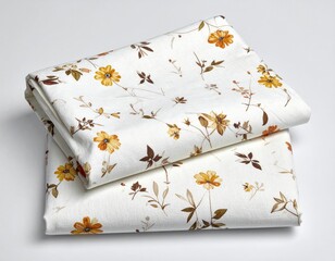 Floral-printed, folded fabric stack on a neutral background