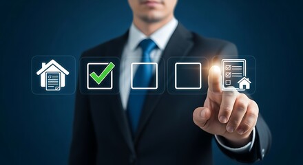 Man in suit touching digital with house and checkmark symbols