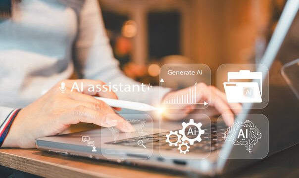 Person hand typing on laptop keyboard with generative AI interface and virtual code screen, representing AI assistant in business workflow, automation, machine learning, and data technology - Powered by Adobe