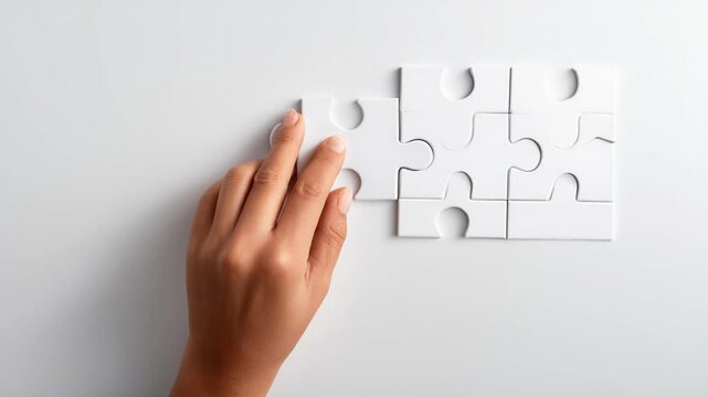Focused hand places final puzzle piece, complete business strategy solution. Achieving success through powerful connection, symbolizing ultimate problem solved