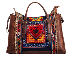Large, ornate handbag with leather accents and intricate embroidery