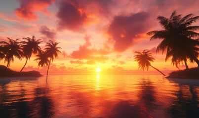 Serene tropical sunset over a calm ocean, glowing hues of orange and pink blending into the reflective water, creating a peaceful view,