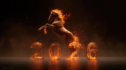 好的，根据图片内容，我将为您生成一个符合要求的图库售图标题。

Fiery Horse Symbolizing Business and Career Development for 2026, Dynamic New Year Vision with Fiery Numbers and Rearing Stallion
