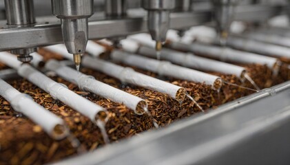 Closeup on glue nozzles applying adhesive to cigarette filters as machinery joins them to tobacco rods showcasing industrial precision in filter attachment.