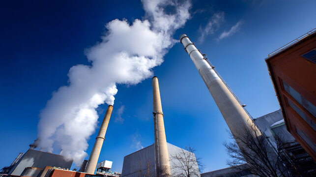 Smoke rises from tall chimneys at a power plant on a clear day with blue sky and visible clouds in the background
