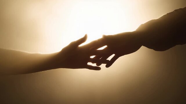 Hands tender reach for connection and support in silhouette against warm light. This compassionate touch symbolizes loving relationship, offering help and feeling of hope