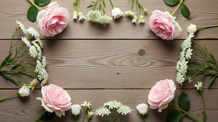 Delicate flower wreath on wooden surface