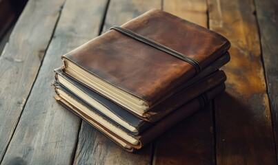 Set of vintage leather-bound notebooks stacked on a wooden surface, soft diffused lighting, warm earthy tones, nostalgic and artisanal feel, sharp texture details,