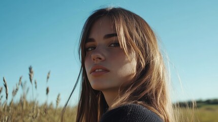 a portrait of a reflective young woman against a serene blue sky, framed by wild grasses and exuding youthful allure with a thoughtful expression