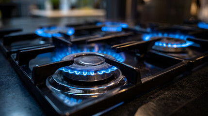 Kitchen stove top with flames lit and ready for cooking dinner in the evening