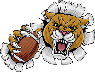 Cougar, panther, mountain lion or puma wildcat cat American football mascot sports team mascot holding a ball