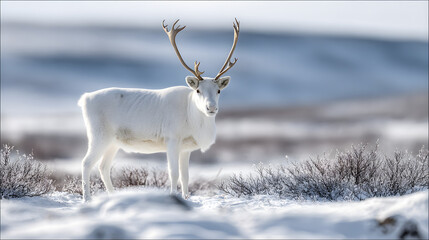 White deer stands in snowy landscape with shrubs during winter season in natural habitat