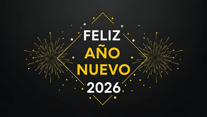 Feliz Ano Nuevo 2026 gold fireworks black background