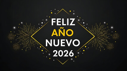 Feliz Ano Nuevo 2026 gold fireworks stars black background