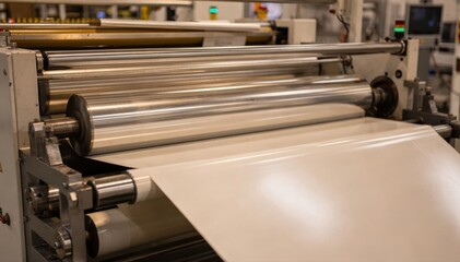 Medium shot of highpressure rollers evenly smoothing glossy fabric surfaces in a rolltoroll calendering process for a shiny polished finish.