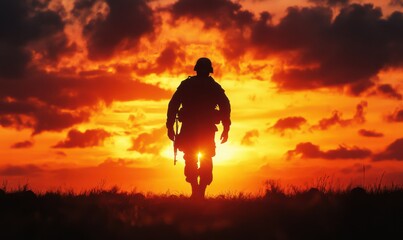Silhouette of a lone soldier walking across a battlefield at sunset, with a vibrant sky and dramatic shadows adding intensity to the scene