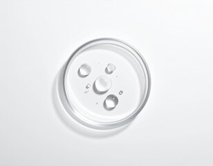 Clear liquid drops in a petri dish, minimal, white