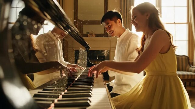 Backlit close-up of two joyful musicians playing a warm, golden piano duet in an elegant room.