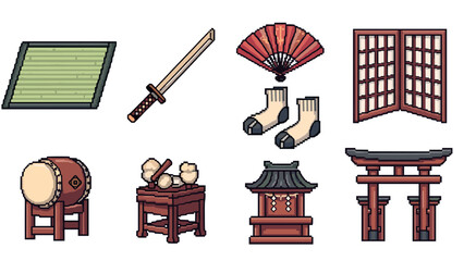 Pixel art collection: traditional japanese cultural icons and artifacts