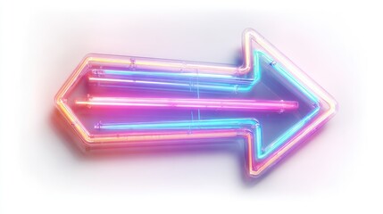 Glowing neon arrow pointing right isolated on white background for navigation direction signage and modern digital design