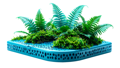 A teal-toned planter with lush green ferns and moss on a black backdrop