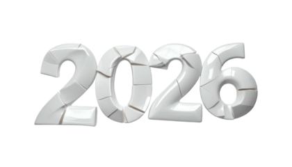 White ceramic 2026 font breaking apart on a black background