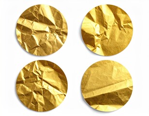 Four gold, crumpled circles, isolated on white backdrop