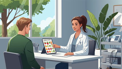 Nutritionist consulting a male patient about healthy food choices using a digital tablet, vector illustration