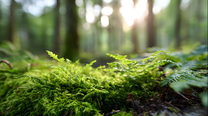 Ferns and moss thrive in forest undergrowth during morning light in a quiet woodland area