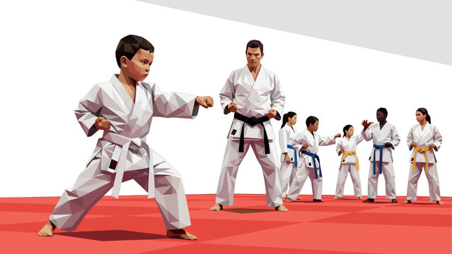 Geometric style karate class with sensei and young students in training session