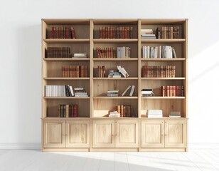Bookshelves filled with books against white wall