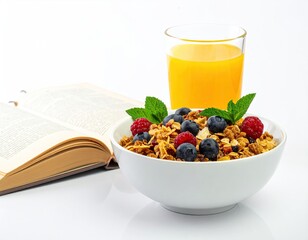 Breakfast Muesli, berries, orange juice, and a book