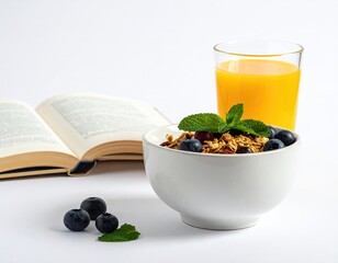 Breakfast granola, juice, open book on a white surface