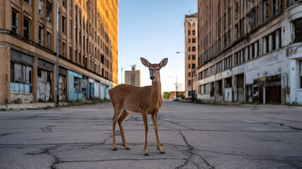 Deer stands in deserted city street during daylight with abandoned buildings around