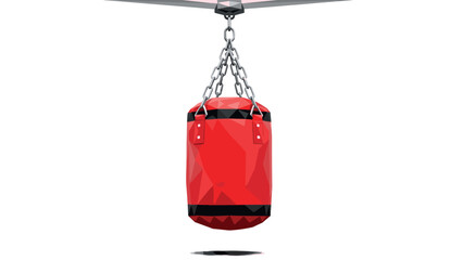 Obraz premium Red punching bag hanging from ceiling with geometric design on white background