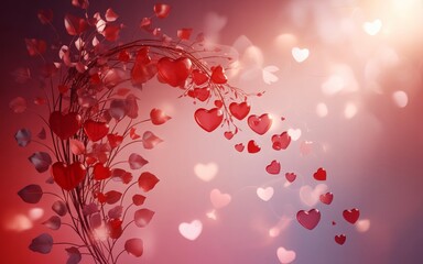An artistic composition featuring a curved vine of red hearts and leaves with floating glowing hearts on a warm bokeh background. Ideal for romantic themes, weddings, and digital art.