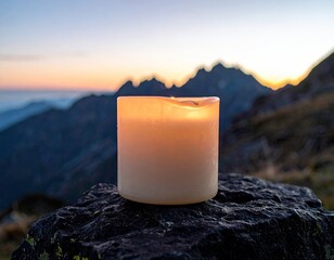 Candle on rock, mountains, sunset. Warm glow, soft light