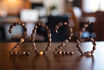 The numerals "2026" creatively formed by arranging roasted coffee beans on a wooden table, set against a softly blurred cozy caf&eacute; interior background with warm lighting. A few lighter beans add subtle