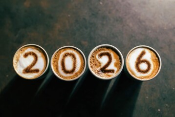 Four white coffee cups with handles, viewed from above, arranged in a row on a plain white background. Each cup features intricate latte foam art forming the digits "2", "0", "2", "6" to spell "2026",