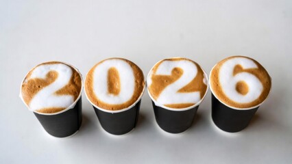 Four white coffee cups with handles, viewed from above, arranged in a row on a plain white background. Each cup features intricate latte foam art forming the digits "2", "0", "2", "6" to spell "2026",