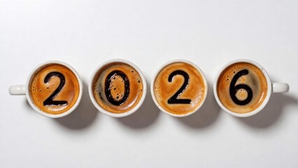 Four white coffee cups with handles, viewed from above, arranged in a row on a plain white background. Each cup features intricate latte foam art forming the digits "2", "0", "2", "6" to spell "2026",