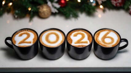 Four white coffee cups with handles, viewed from above, arranged in a row on a plain white background. Each cup features intricate latte foam art forming the digits "2", "0", "2", "6" to spell "2026",
