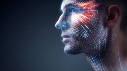 Digital face mapping with bright patterns showing technology and human features in a creative display