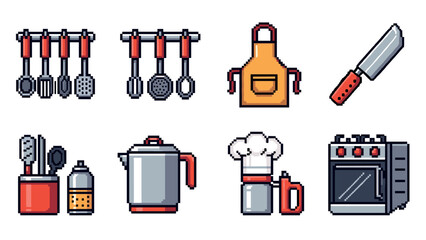Retro pixel art kitchen essentials: culinary tools and appliances for cooking enthusiasts