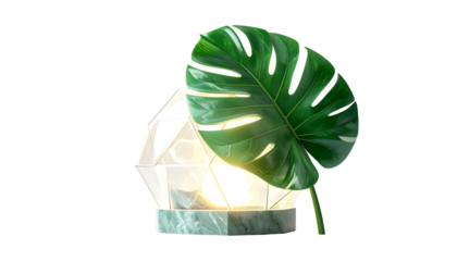 Lamp with geometric base, marble, lit bulbs, and large tropical leaf