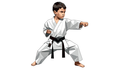 Young martial artist in geometric style practicing karate in a white gi with determined expression