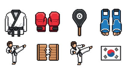 Martial arts icons in pixel art style featuring gear and movements
