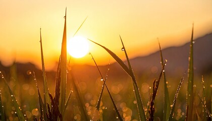 Sunrise through dewy grass