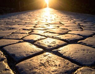 Sunlit cobblestone path stretches to glowing horizon