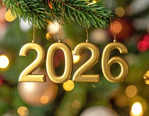 Year 2026 ornaments hung on festive evergreen branch